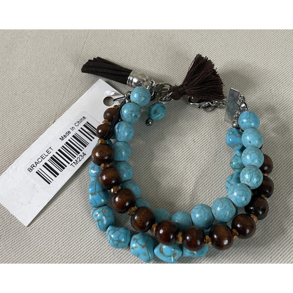 Lost & Found Womens Adjustable Bracelet Blue Turquoise Wood Bead Tassel Boho NEW
